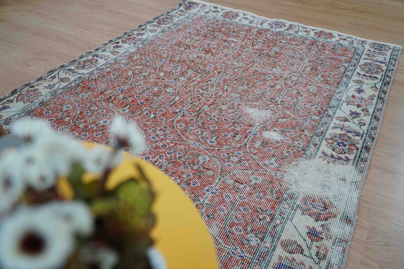 H-647A Vintage Turkish Rug Oushak Rug Distressed Rug Red Maroon Rug Anatolian Rug Retro Rug Boho Rug Handmade Rug Floor Rug 3.70/'x6.46/' ft