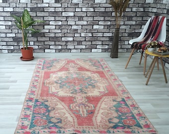 Vintage Hand-Knotted Wool Oushak Rug, Anatolian Red, 4.10x7.08 ft