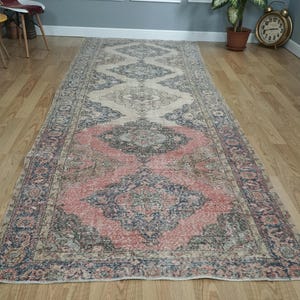 VINTAGE TURKISH RUG, Boho Home Decor Rug, Red Beige Runner, Wool Abrage Rug, Vintage Runner, Turkish Wool Runner,  4.53x12.14 ft. H-2267