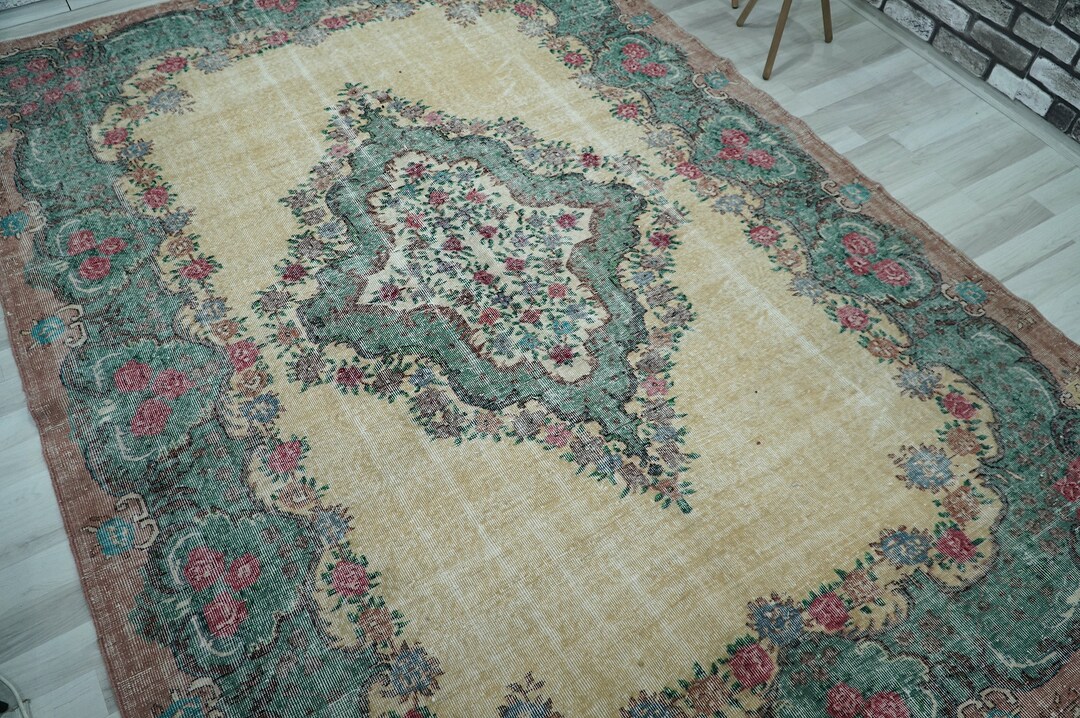 Large Turkish Rug, Vintage Turkish Rug, Oversize Area Rug, Yellow Green Rug, Farmhouse Rug