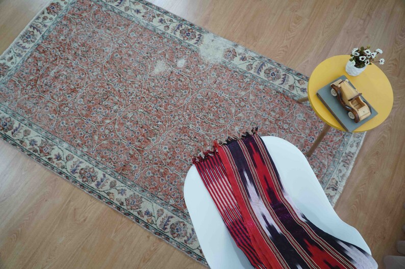 H-647A Vintage Turkish Rug Oushak Rug Distressed Rug Red Maroon Rug Anatolian Rug Retro Rug Boho Rug Handmade Rug Floor Rug 3.70/'x6.46/' ft