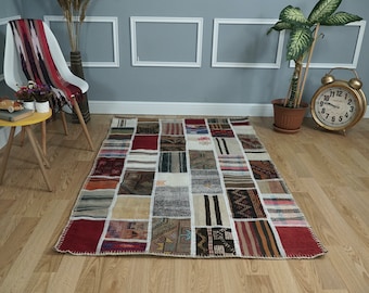 Hand-Knotted Wool Kilim Rug, Turkish Patchwork, Boho Decor (3.94x5.1 ft)