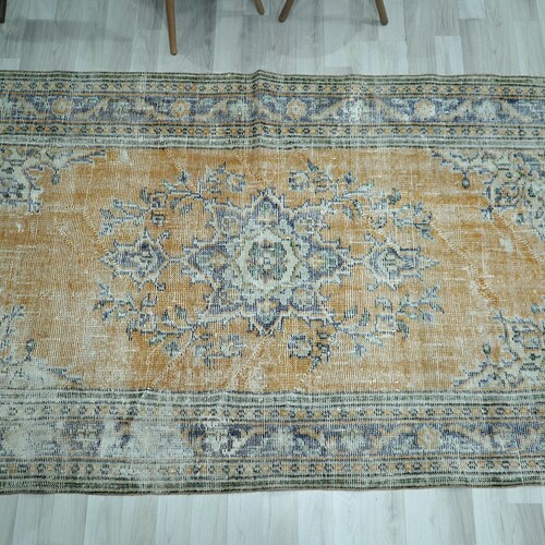 Boho Decor Rug, Orange Wool Rug, Distressed Area Rug, Vintage Turkish shops Rug, Natural Oushak Rug, Handmade Area Rug, Carpet, 4.33x7.58 H-1739