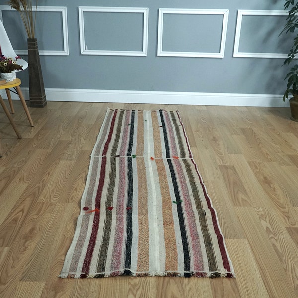 Tapis de course kilim, tapis de course à rayures, tapis de course en laine blanche, tapis de course de kilim ancien, tapis de course de kilim fait main, tapis de course de kilim turc, 2,10 x 6,76 pi H-2638