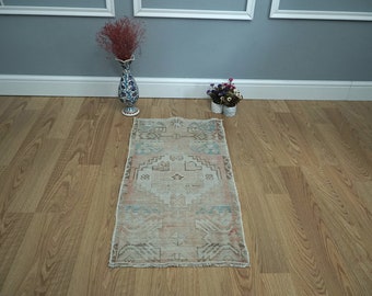 Felpudo vintage de lana turca, alfombra Oushak tejida a mano (45 x 89 cm)