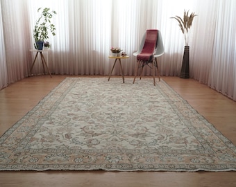 Distressed Woven Rug Oushak Area Rug Beige Vintage Rug Handmade Carpet 5.64x10.10 ft H-1400 Boho Decor Rug 6x10 Turkish Wool Rug