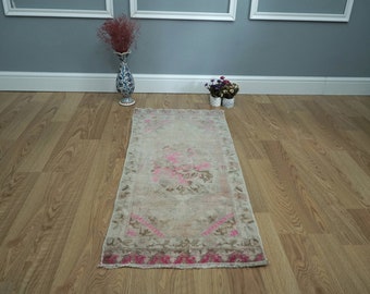 Felpudo Oushak vintage de lana rosa, alfombra turca tejida a mano (50 x 113 cm)