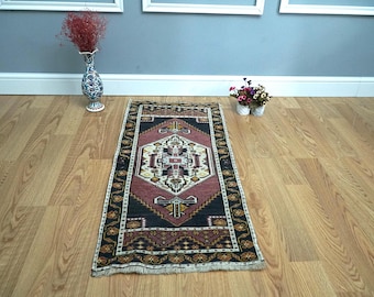 Alfombra turca vintage de lana, felpudo bohemio, hecha a mano (50 x 110 cm)