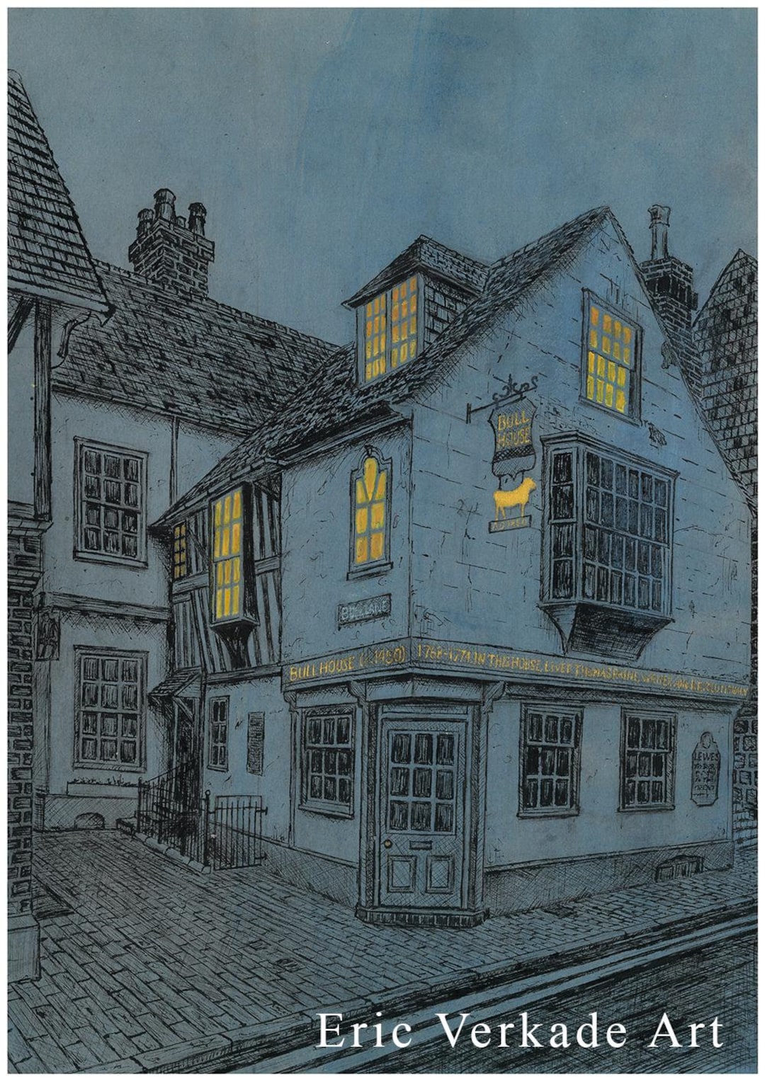 Medieval Building Ink Bull House - Art Print, Ink, Medieval, Architecture, Landscape ...