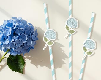 Blue Hydrangea Straws | Summer Party Straws | Floral Straw Topper