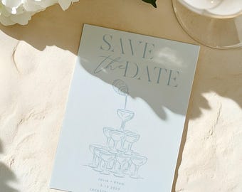 Champagne Tower Save the Date Card, Elegant Minimalist Wedding Invitation (Printable or Printed)