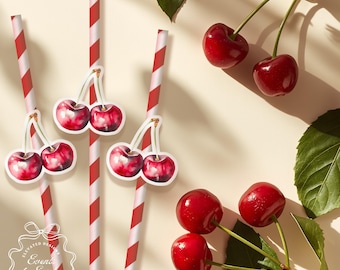 Cherry Straws with Toppers | Red Striped Paper Party Drinkware