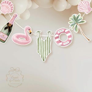 May include: A festive banner featuring watercolor illustrations of summer-themed items. The banner includes a champagne bottle, a flamingo float, a striped swimsuit, a life preserver, a seashell, and a palm tree. The banner is perfect for a summer party.