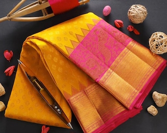 Kanchipuram Soft Lichi Silk Yellow Color Saree Bold And Beautiful Saree With Weaving Silk Exclusive Indian Wedding Saree Bollywood Saree
