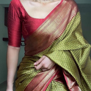 Pista Green Colour Kanchipuram Soft Lichi Silk Saree Bold and Beautiful ...