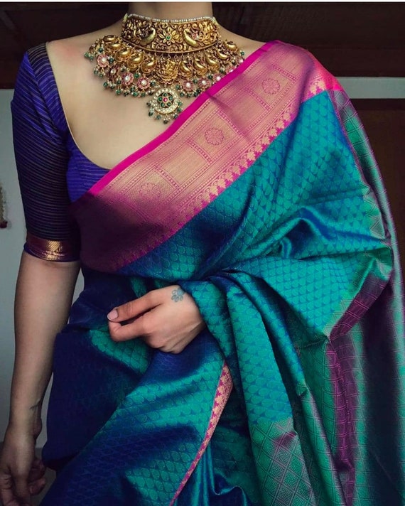 Blue Colore Kanchipuram Soft Lichi Silk Saree Bold and Beautiful Saree With  Weaving Silk Exclusive Indian Wedding Saree South Silk Saree 