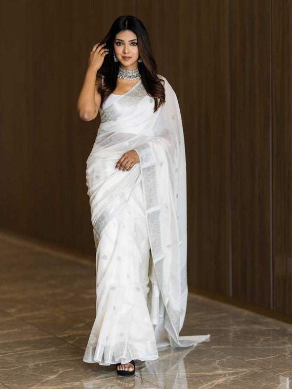 White Color Designer Soft Linen Slab Atractive Charmfull Saree Beautiful  Indian Wedding Saree Bollywood Style Party Wear Saree Ready to Sari -   Canada