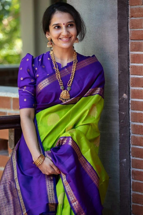 Kanchipuram Silk Cloth Weaving Work Parrot Green Clour Saree - Etsy