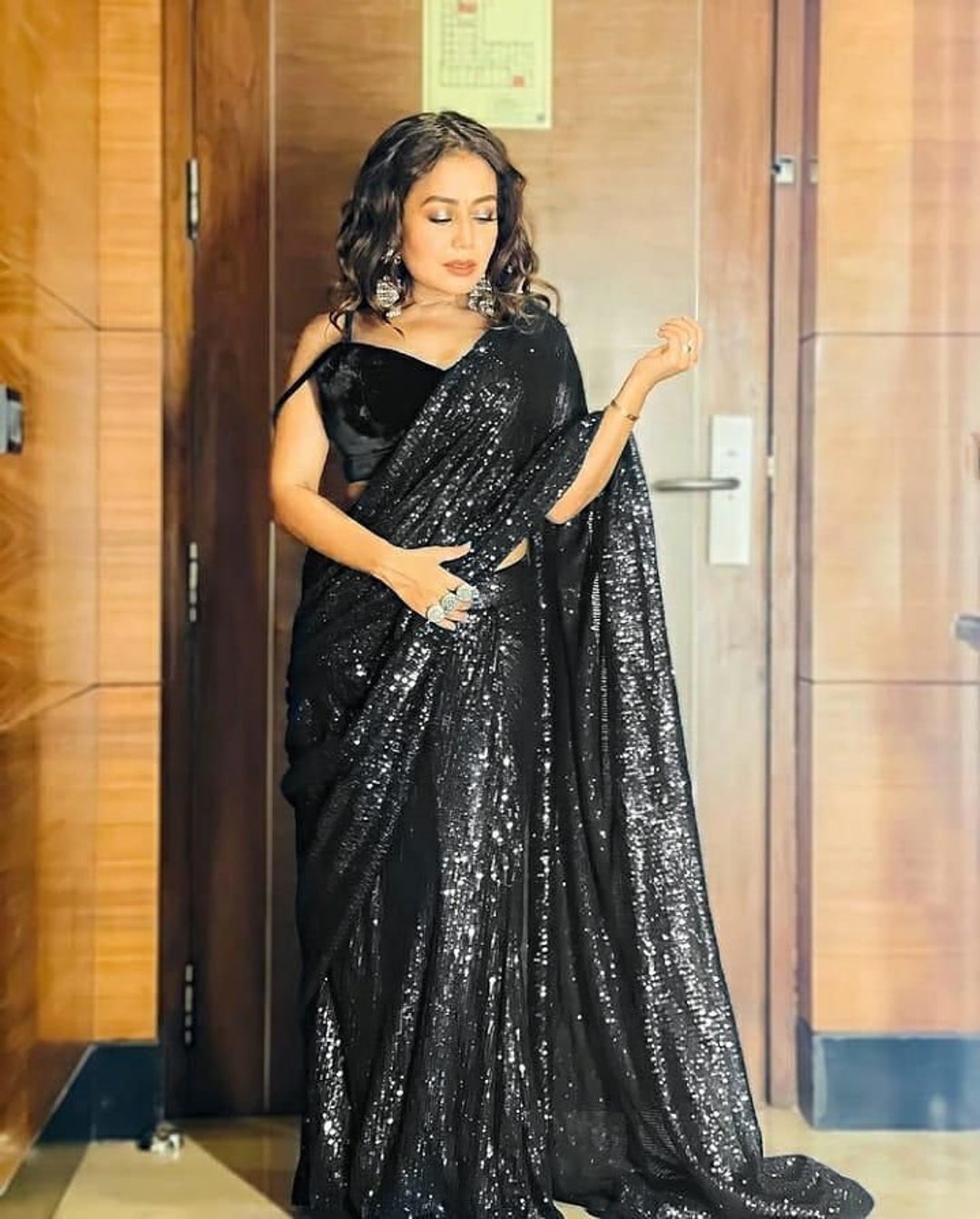 Sex Two Girls Room Neha Kakkar - Neha Kakkar Beautiful Black Color Saree Emrboidry Sequence - Etsy