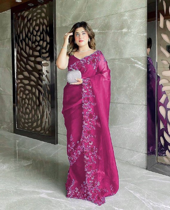 Indian Saree,Blouse Work Saree Wedding Wear Saree Black Colour Mirror Work Organza Saree Bollywood Saree Crystal Organza Saree