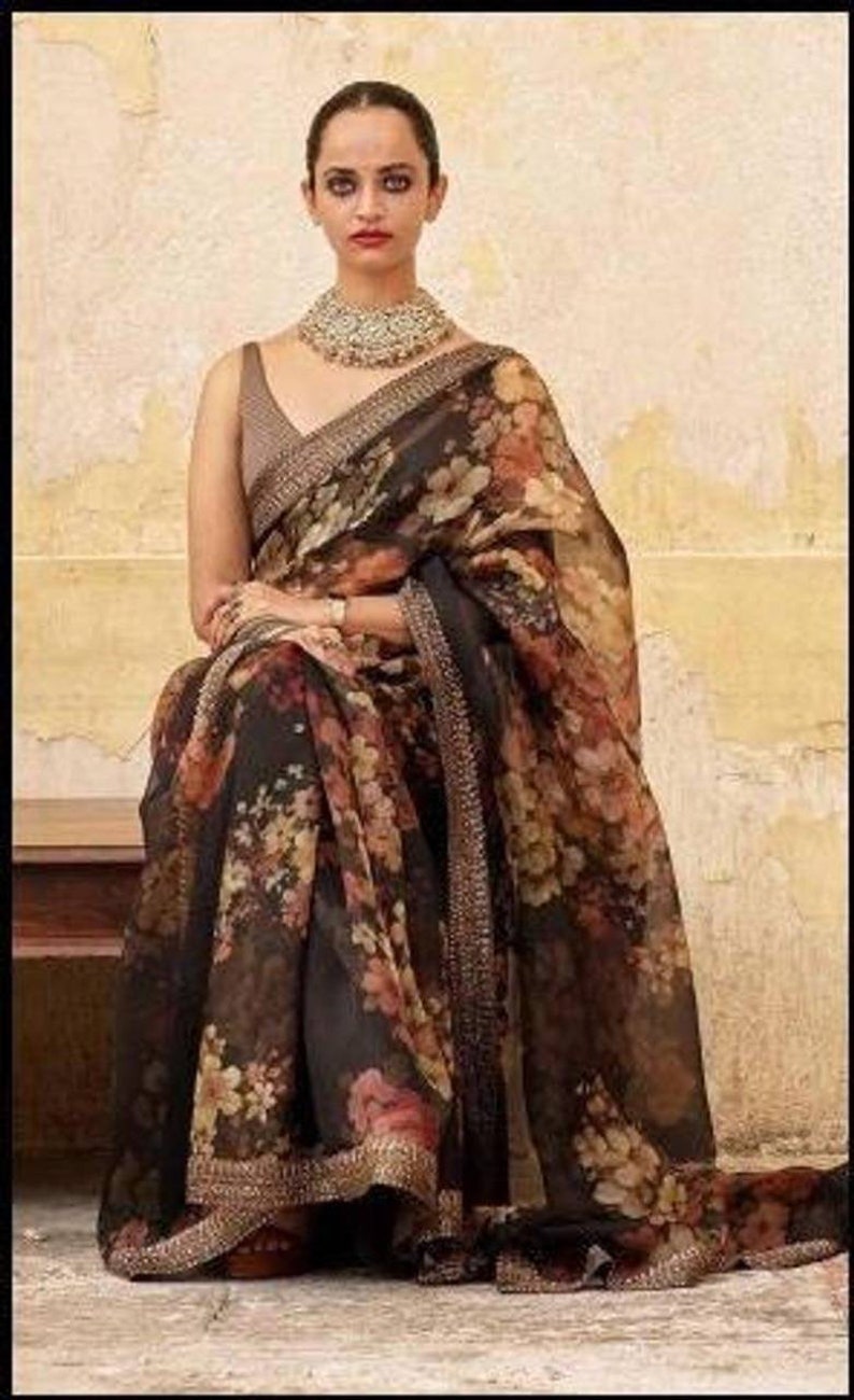 Black Color Saree,Organza Saree,Casual Wear Organza Saree Exclusive Bollywood Style New arrival Saree Digital Printed Saree With Lace Border