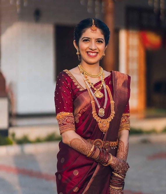 Maroon bridal silk clearance saree