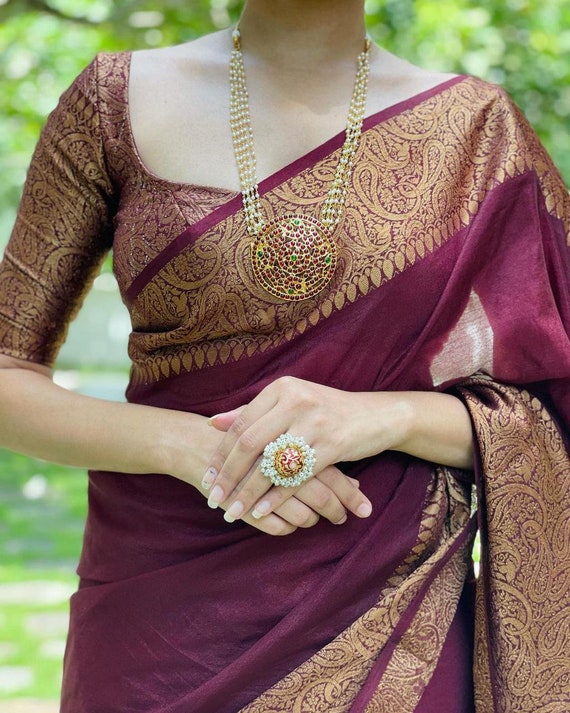 Maroon Colore Kanchipuram Soft Lichi Silk Saree Bold and Beautiful Saree  With Weaving Silk Exclusive Indian Wedding Saree 