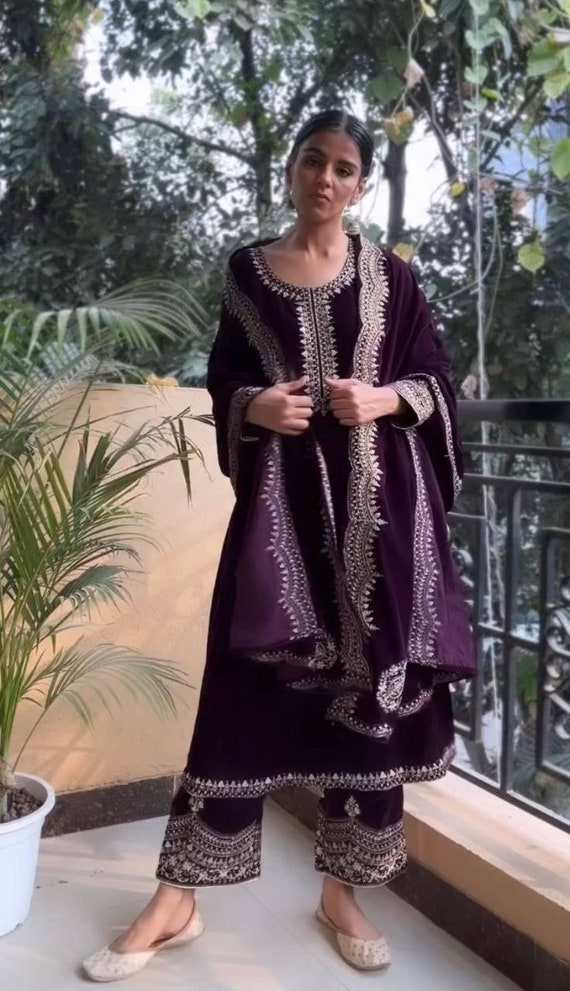Buy Ready to Wear Chudidar Salwar Kameez, Purple Color Embroidery Work  Palazzo Salwar Suit, Wedding Plazzo Suit, Velvet Designer Salwar Kameez,  Online in India 