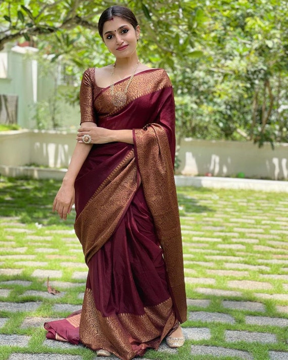 Maroon Colore Kanchipuram Soft Lichi Silk Saree Bold and Beautiful Saree  With Weaving Silk Exclusive Indian Wedding Saree -  UK