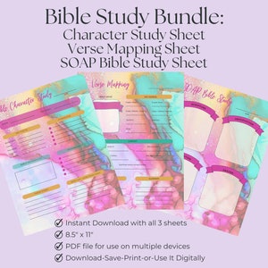 Può includere: Tre fogli di studio biblico stampabili con uno sfondo acquerellato rosa, blu e oro. I fogli sono intitolati "Bible Character Study", "Verse Mapping" e "SOAP Bible Study".