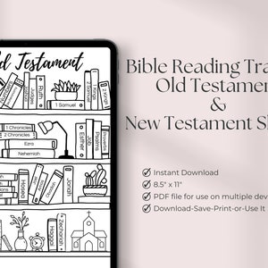 May include: Black and white printable Bible reading tracker sheet with a bookshelf design. The sheet includes a list of Old Testament books and the text "Bible Reading Tracker Old Testament & New Testament Sheets".