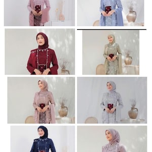May include: A collection of eight outfits featuring long-sleeved lace kebaya tops with matching hijabs and patterned batik skirts. Each ensemble includes a coordinating shawl draped over the shoulder and a small, dark red rectangular clutch held at the waist.
