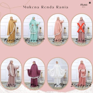 May include: A set of ten mukena prayer garments with lace trim. The mukena are in various colours, including peanut, teal, blush pink, white, and plum.