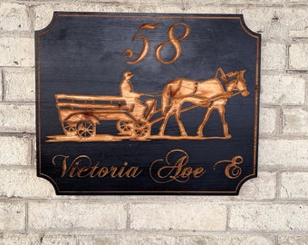 Horse and Cart ADDRESS SIGN – Customizable - Rustic Wooden Address Sign - Address Sign Plaque - House Warming Gift
