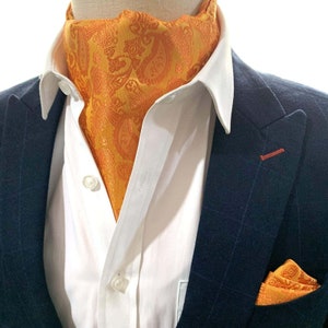 Bright Orange Paisley Pattern Handmade Cravat Necktie Bow Tie & Pocket Square Sets