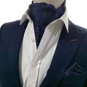 Navy Blue Paisley Pattern Handmade Cravat Necktie Bow Tie & Pocket Square Sets