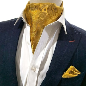 Mustard Yellow Paisley Pattern Handmade Cravat Necktie Bow Tie & Pocket Square Sets