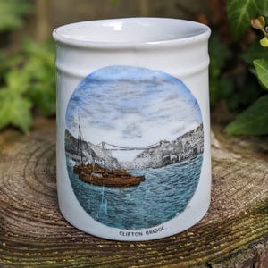 Antique porcelain mug with Bristol Clifton Suspension Bridge, UK