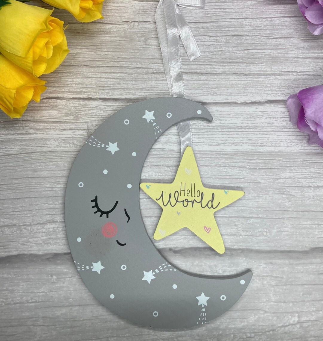 Wooden Baby Wall Sign, Hello World Wooden Sign, Baby Moon and Stars