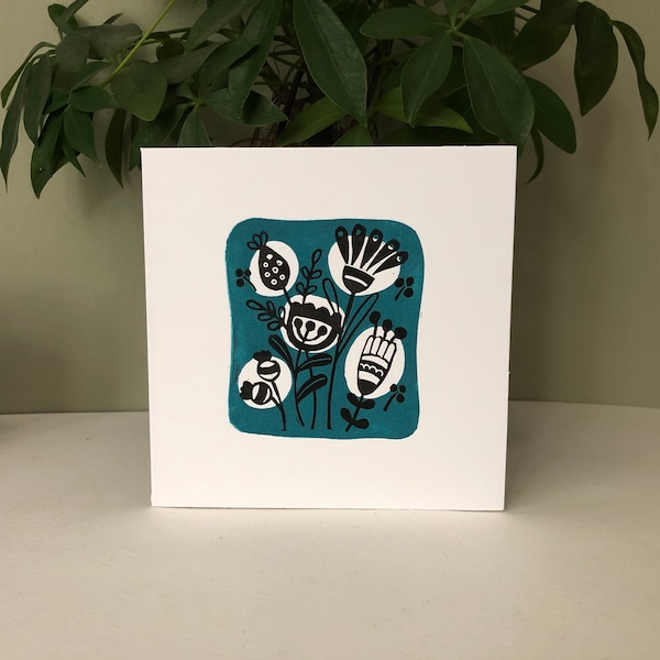A Little Bit of Retro 4 - Linocut Greetings Card , Black & Turquoise on White