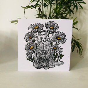 Daisy Cat - carte de voeux linogravure originale imprimée à la main