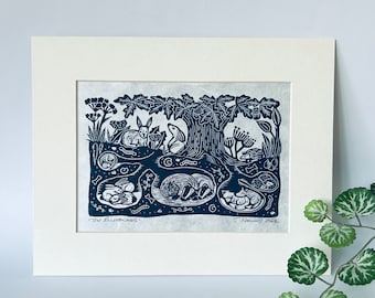 The Burrowers - Mounted & Hand Printed Original Mounted Linocut Print