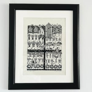 Peut inclure: Impression encadrée en noir d'une scène de jardin. L'œuvre en noir et blanc représente un jardin avec des légumes, un cabanon et une personne s'occupant des plantes. Le texte "The Veggie Patch" est en bas.