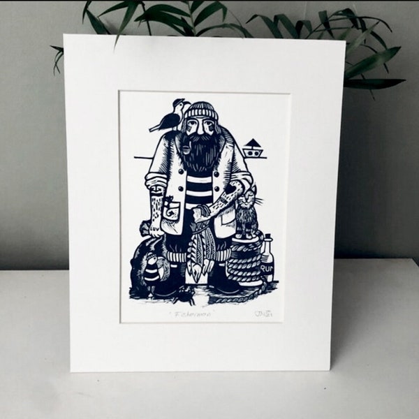 The Fisherman- Hand Printed Original Mounted Linocut Print