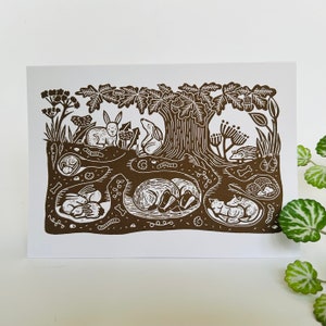Les fouisseurs - carte de voeux linogravure originale faite à la main. Marron sur blanc