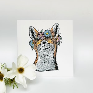 Happy Fox - Carte de voeux originale en linogravure