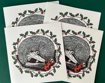 Xmas Badger - Set of 4 Original Linocut Design Greetings Cards