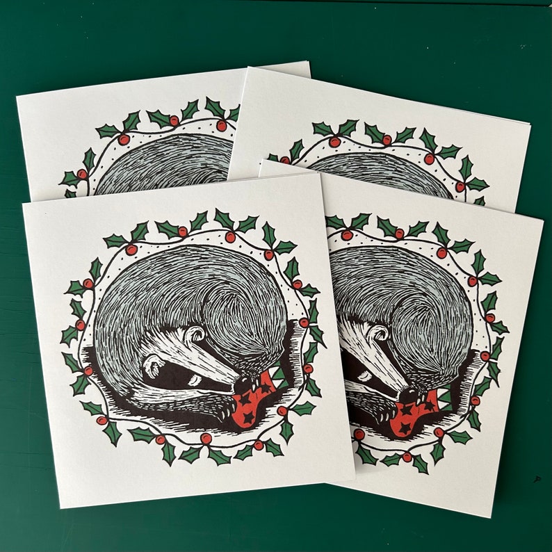Xmas Badger Set of 4 Original Linocut Design Greetings Cards image 1