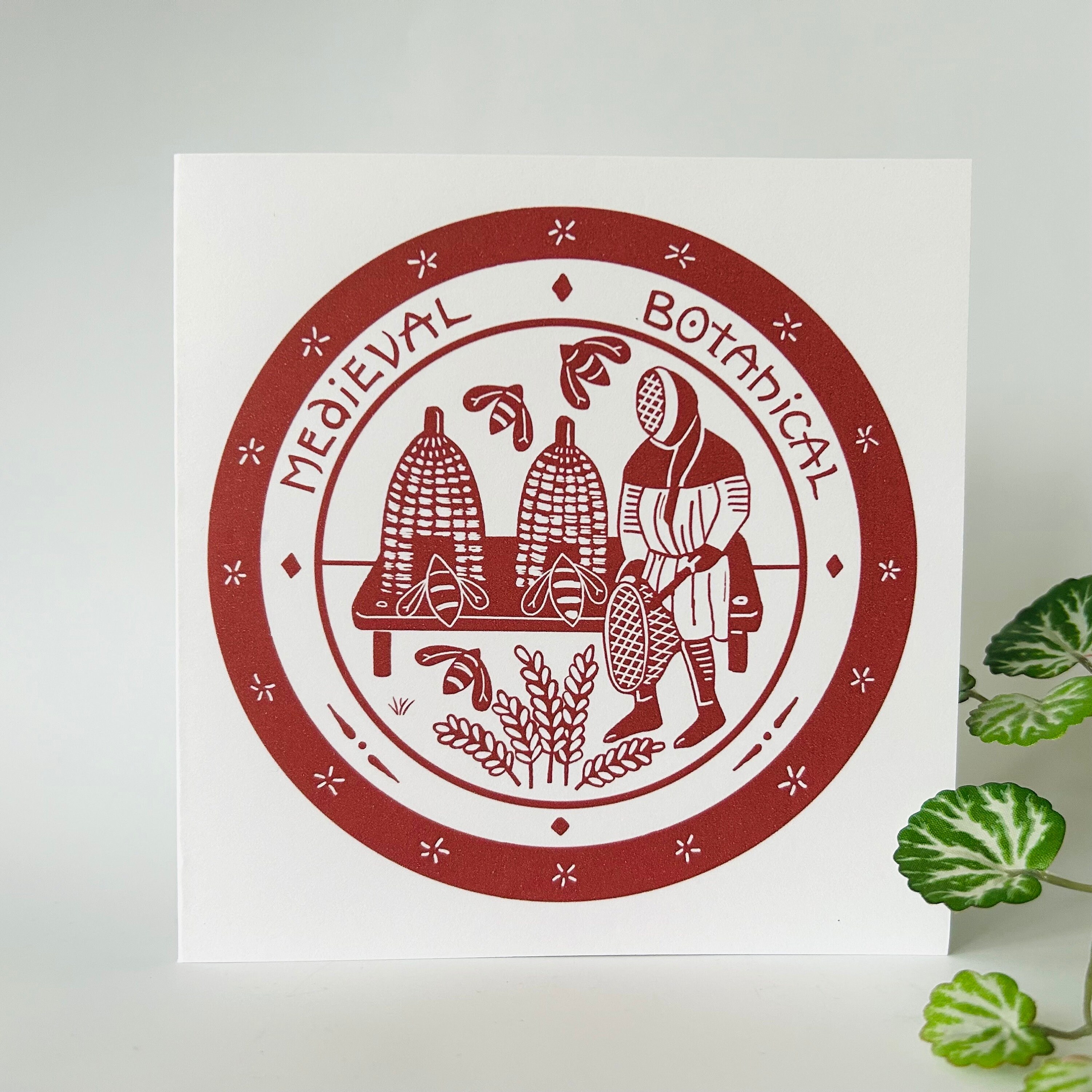 The Bee Keeper - Linocut Design Greetings Card - Maroon on White