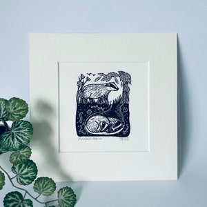 Badgers Home - Mounted, Hand Printed Original Linocut Print. Black on White With White Mount.